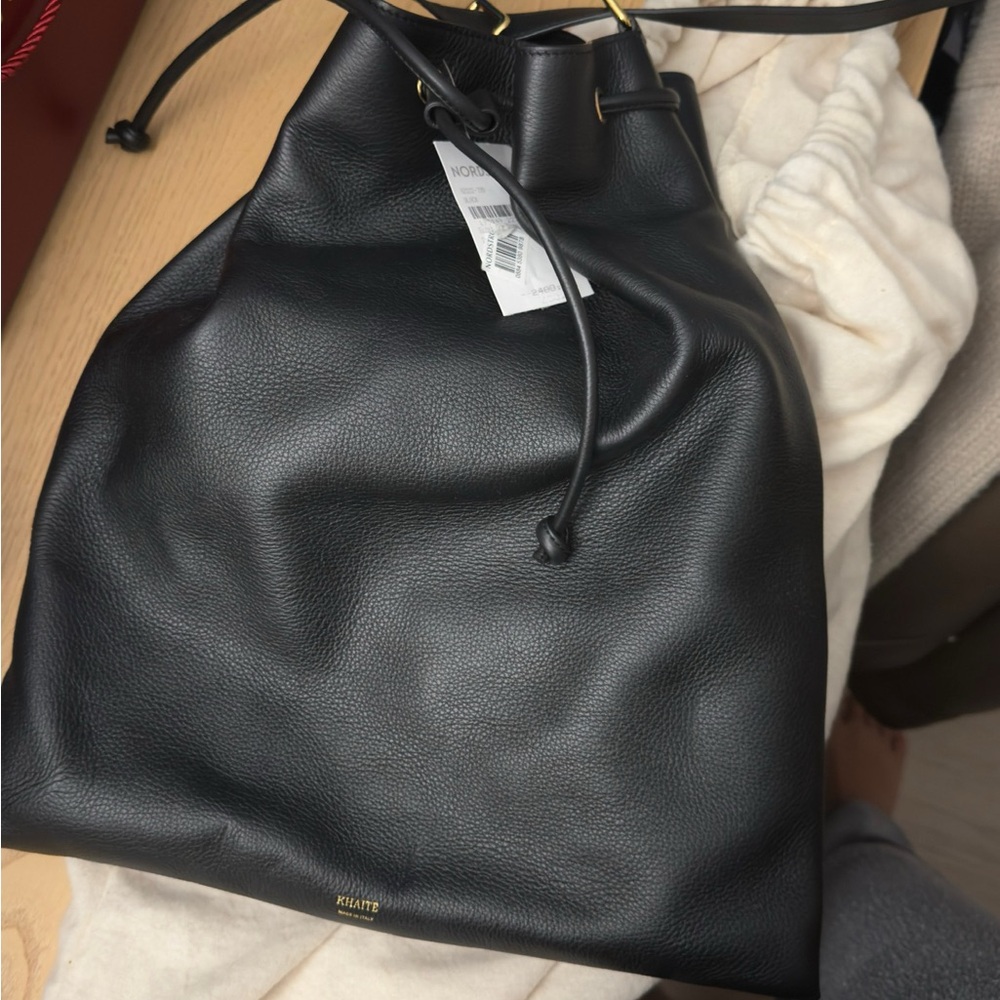NWT KHAITE Greta Black Leather Drawstring Bag - Picture 3 of 16
